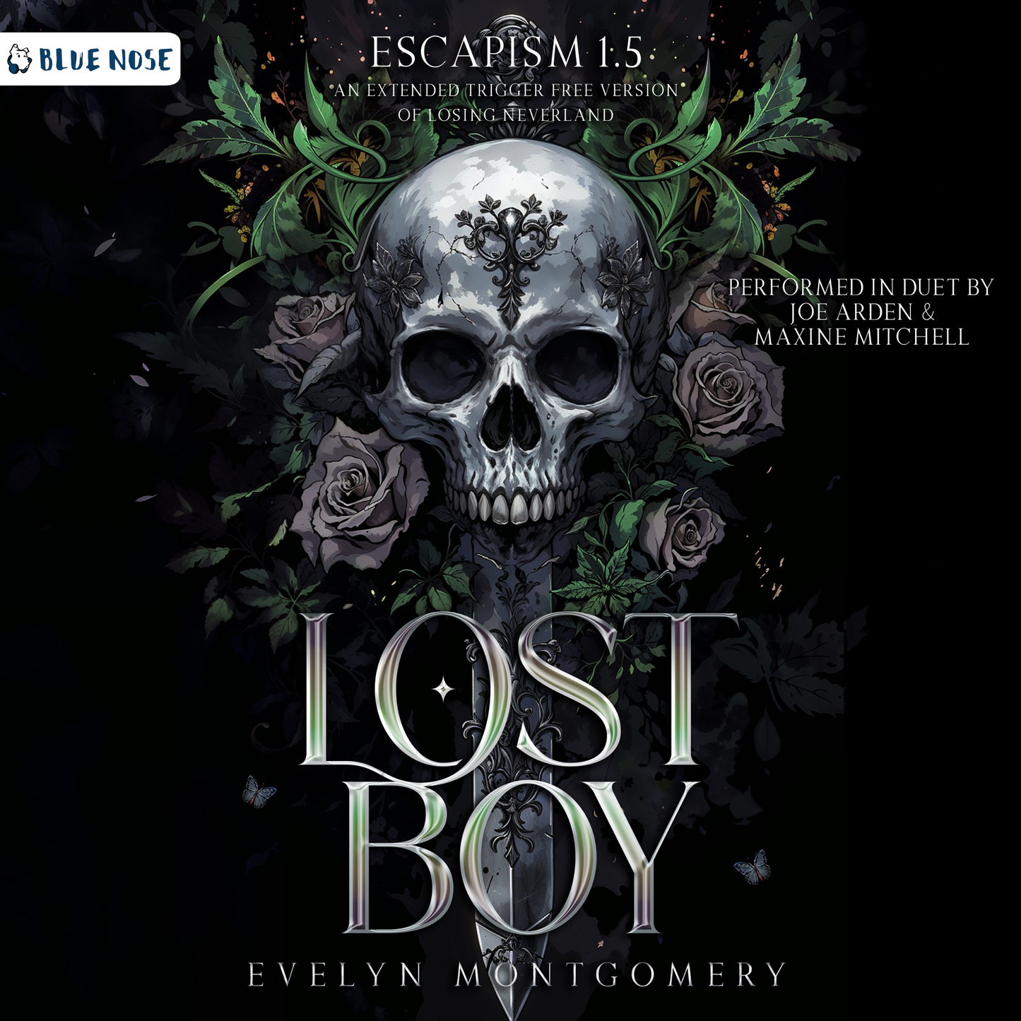 Audiobook cover for Lost Boy by Evelyn Montgomery, Escapism 1.5-An extended Trigger-free version of Losing Neverland. Performed in duet by Joe Arden and Maxine Mitchell. Produced by Blue Nose AUDIO. A skull with a knife coming out of the mouth pointing down. Surrounded by roses and foliage on a black background.