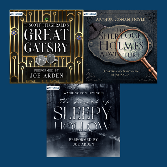 Classic audiobook bundle of The Great Gatsby by F Scott Fitzgerald, The Sherlock Holmes Adventures by Arthur Conan Doyle, and The Legend of Sleepy Hollow by Washington Irving. Performed by Joe Arden. Produced by Blue Nose AUDIO