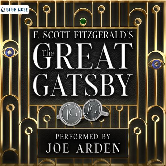 Audiobook cover for F. Scott Fitzgerald's The Great Gatsby, performed by Joe Arden. Produced by Blue Nose AUDIO. An art deco gold background with JG cufflinks, two sapphire gem eyes and a green gem in the center top signifying the green light in the story.