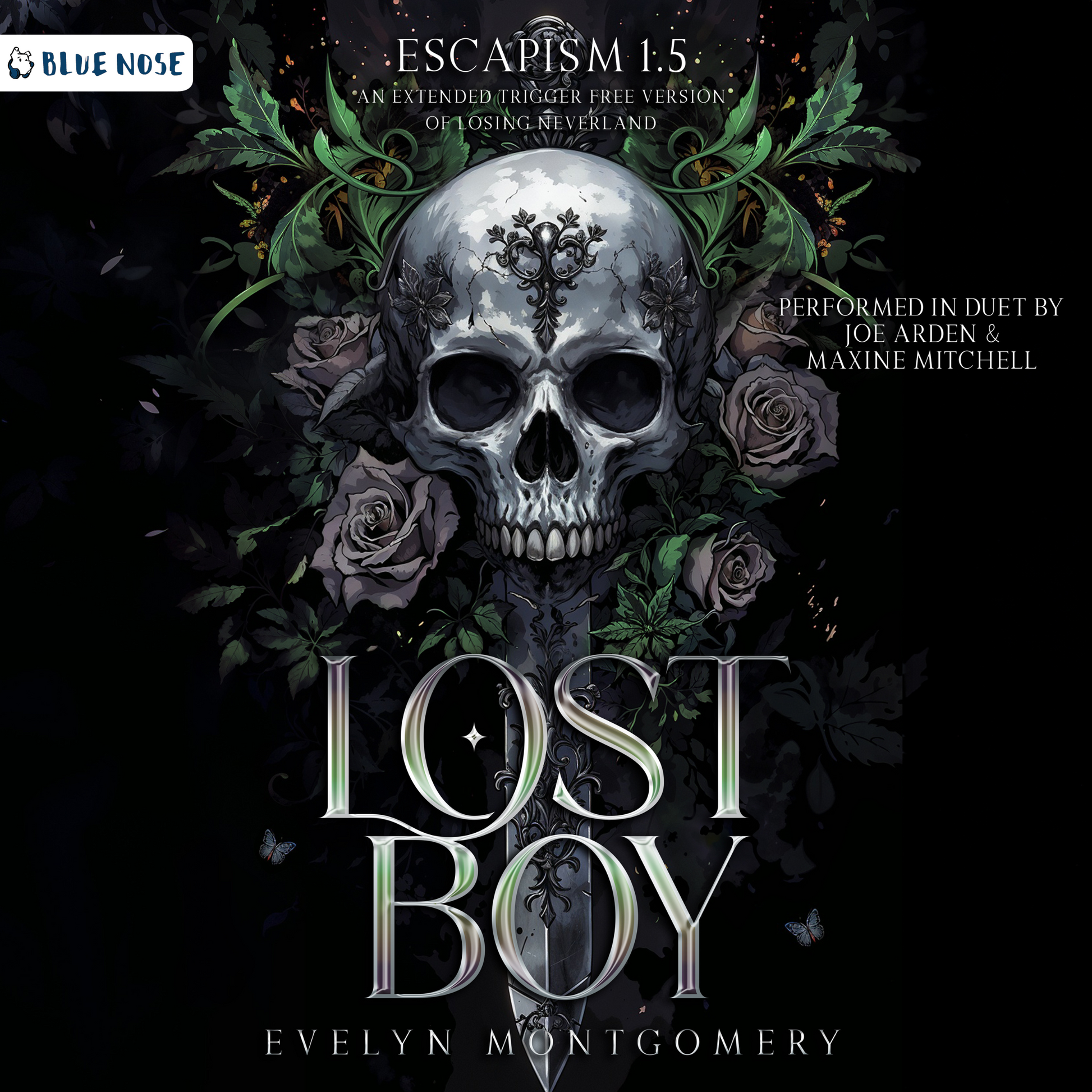 Audiobook cover for Lost Boy by Evelyn Montgomery, Escapism 1.5-An extended Trigger-free version of Losing Neverland.  Performed in duet by Joe Arden and Maxine Mitchell. Produced by Blue Nose AUDIO. A skull with a knife coming out of the mouth pointing down. Surrounded by roses and foliage on a black background.