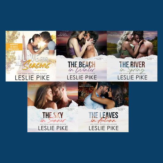 Audiobook cover bundle for Leslie Pike's A Love for All Seasons, The Beach in Winter, The River in Spring, The Sky in Summer, and The Leaves in Autumn.