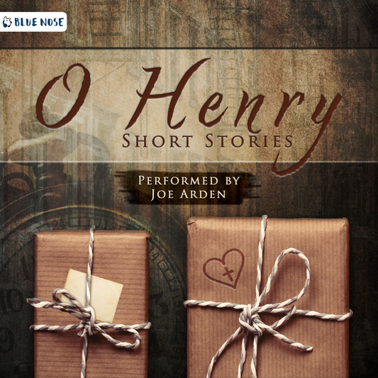 Audiobook cover for O Henry Short Stories performed by Joe Arden. Produced by Blue Nose AUDIO. Two brown paper stringed-wrapped packages over a stopwatch and antiqued background.