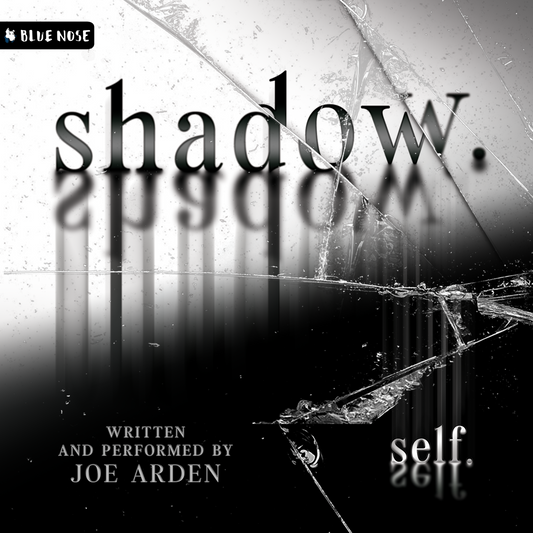 Audiobook cover for shadow.self., written and performed by Joe Arden. Produced by Blue Nose AUDIO. The word shadow. in black and grey over a reflective white cracked glass that gradients and shadows down into grey into black with a smaller "self." in a mirrored, reflective white.